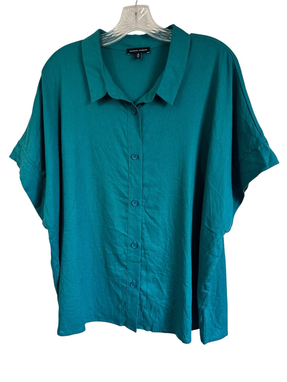 Universal Standard Teal Linen Blend Short Sleeve Button Up Shirt Boxy Sz Medium